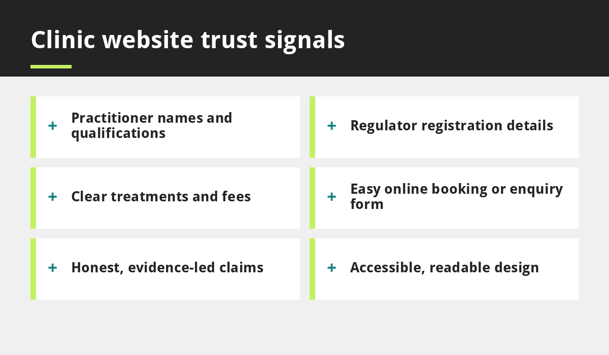 Clinic website trust signals infographic