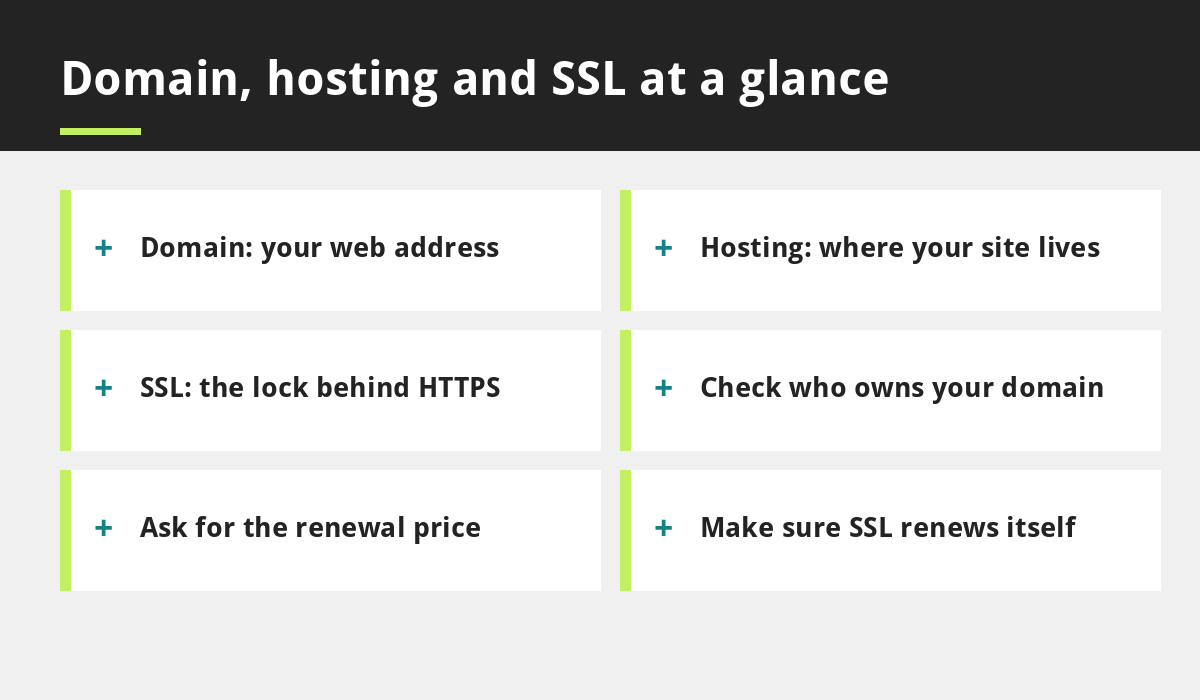 Domain, hosting and SSL at a glance infographic