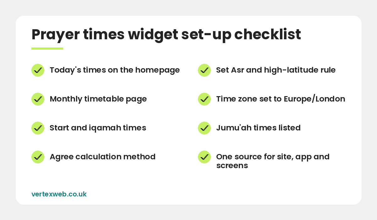 Prayer times widget set-up checklist for mosque websites