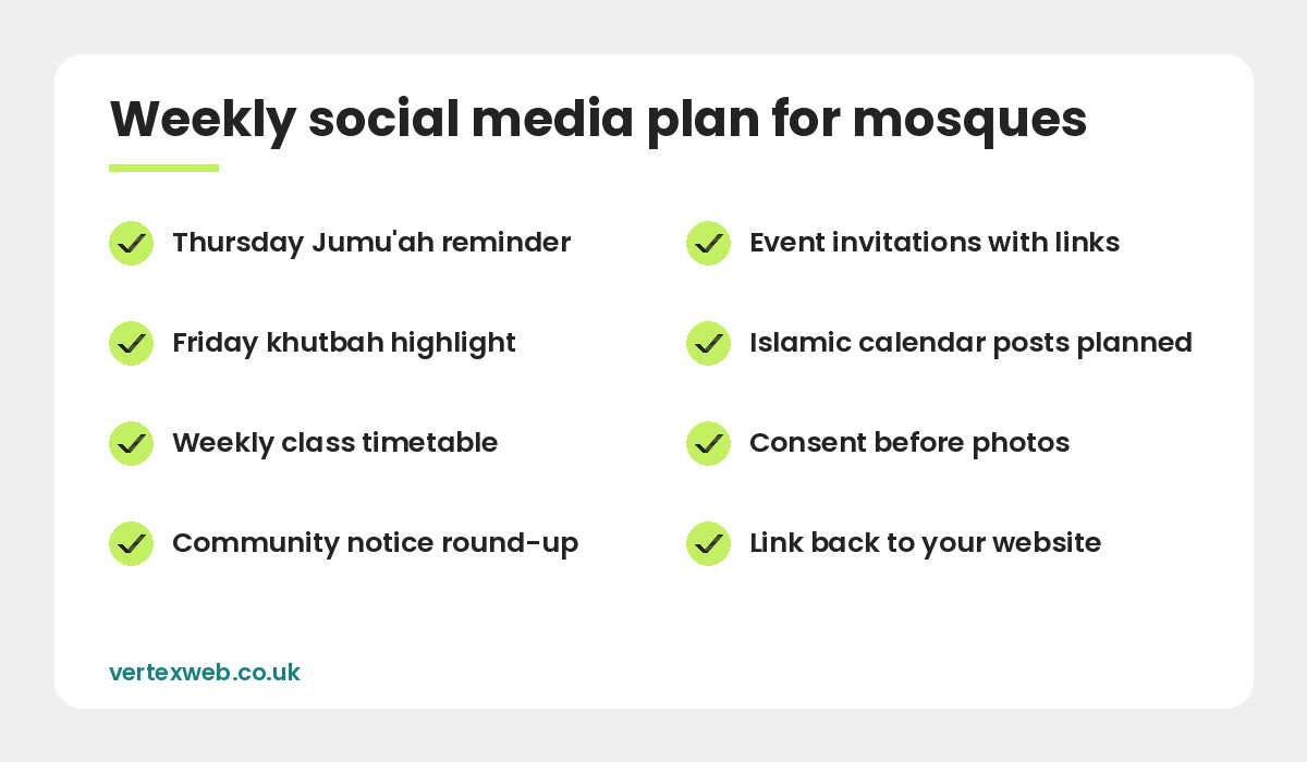 Social media ideas for mosques: weekly posting plan