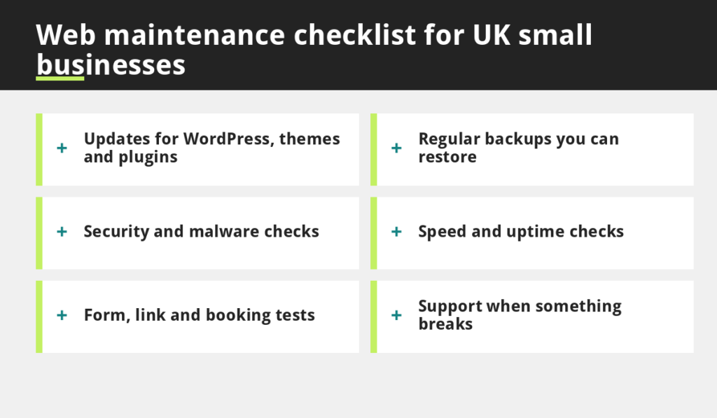 Web maintenance UK checklist: updates, backups, security checks, speed checks, form tests and support
